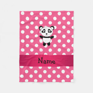 Personalized panda pink white polka dots fleece blanket