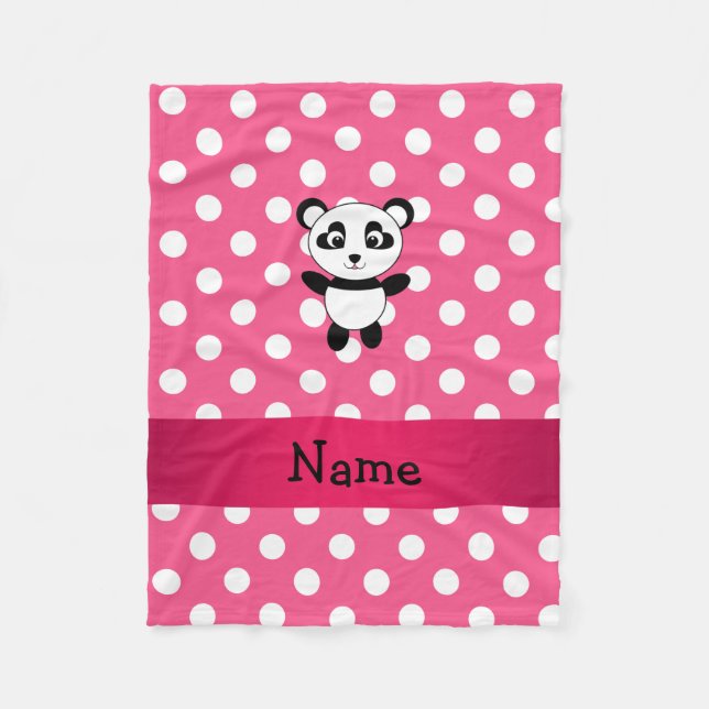 Personalized panda pink white polka dots fleece blanket (Front)