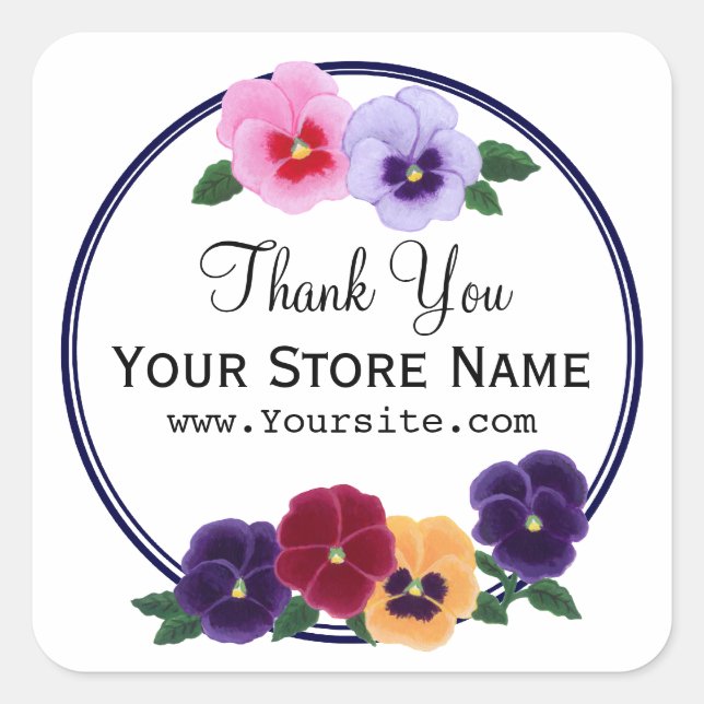 Personalized Pansies Floral Thank You Square Sticker (Front)