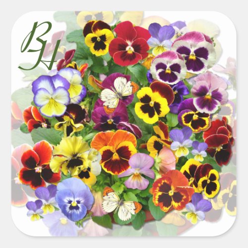 Personalized Pansy Beauty with Butterflies  Square Sticker