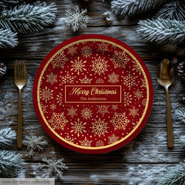 Personalized Paper Plates Red Gold Luxe Christmas  (Personalized Paper Plates Red Gold Luxe Christmas Style)