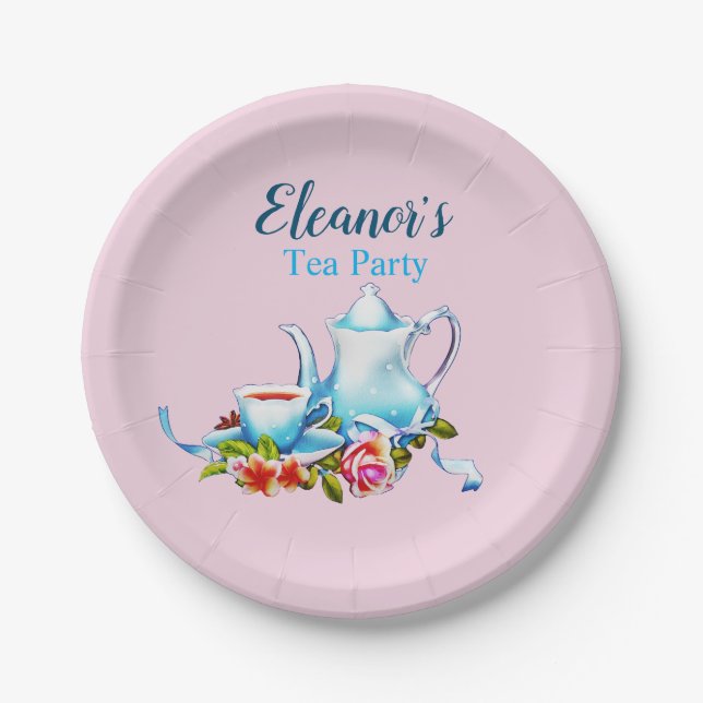 Personalized Paper Tea Party Paper Plates Flowers (Front)