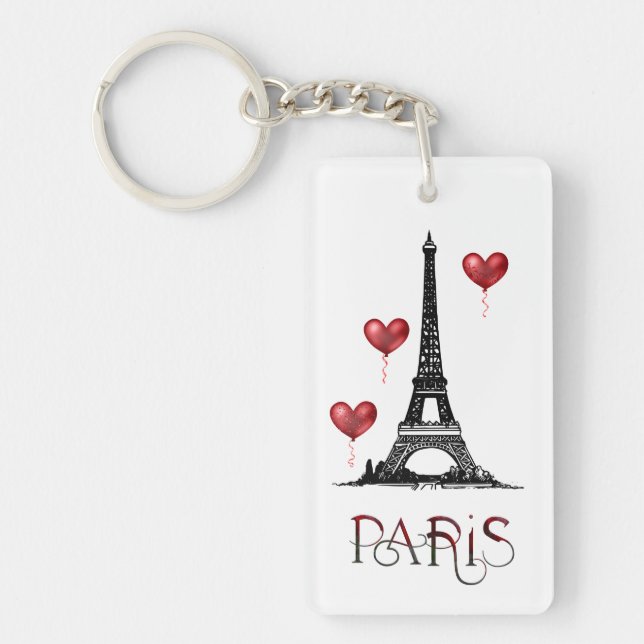 Personalized Paris, Eiffel Tower and Red Balloons Keychain (Front)