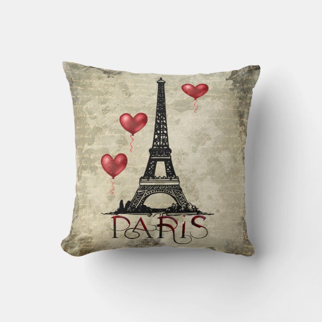 Personalized Paris, Eiffel Tower and Red Balloons  Throw Pillow (Front)