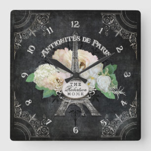 Personalized Paris Eiffel Tower Vintage Chalkboard Square Wall Clock