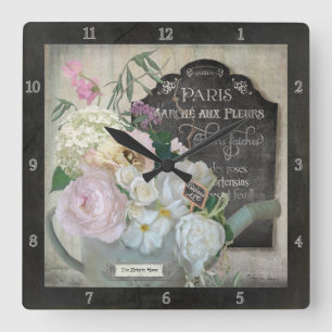 Personalized Paris Flower Peony Vintage Chalkboard Square Wall Clock