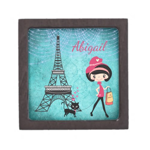 Personalized Paris Girl and Cat With Eiffel Tower Gift Box