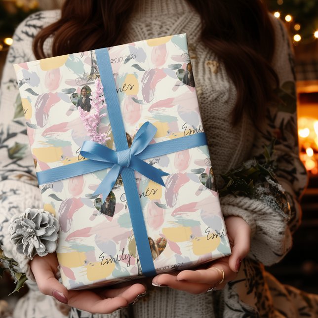 Personalized Parisian Romance with photos & names Wrapping Paper (Creator Uploaded)
