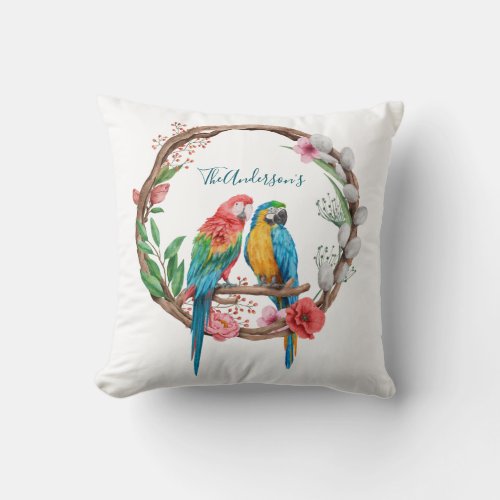 Personalized Parrots Macaw Birds Colorful Floral Throw Pillow