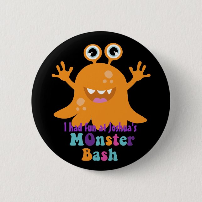Personalized Party Badge - Orange Monster Button (Front)