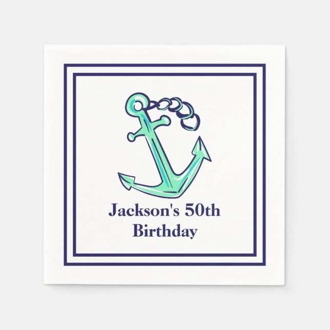 Personalized Party Navy Green Anchor Nautical  Napkins (Front)