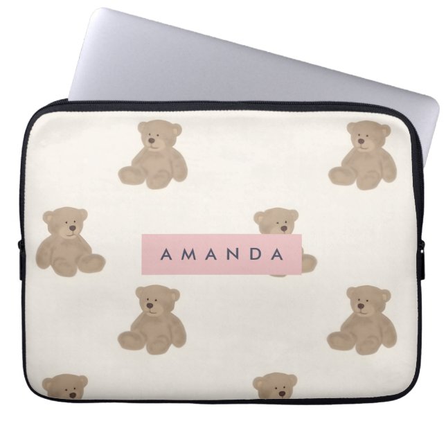 Personalized Pastel Adorable Stuffed Bear Pattern Laptop Sleeve (Front)