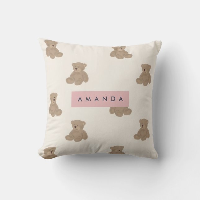 Personalized Pastel Adorable Stuffed Bear Pattern Throw Pillow (Front)