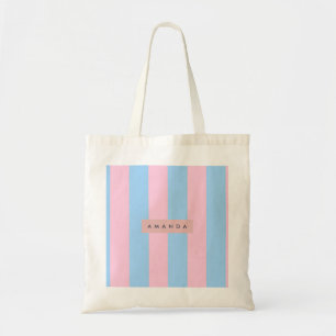 Personalized Pastel Blue and Pink Candy Stripe Tote Bag