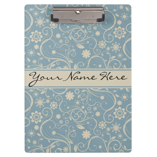 Personalized Pastel Blue and Taupe Floral Pattern Clipboard (Front)