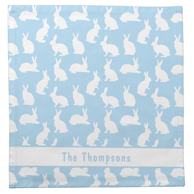 Personalized Pastel Blue And White Bunny Pattern Cloth Napkin (Front)