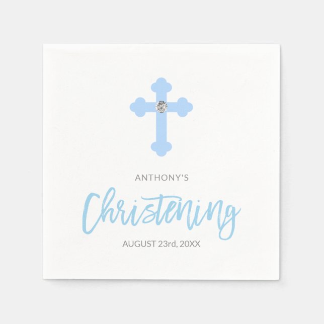 Personalized Pastel Blue Boy Cross CHRISTENING Paper Napkins (Front)