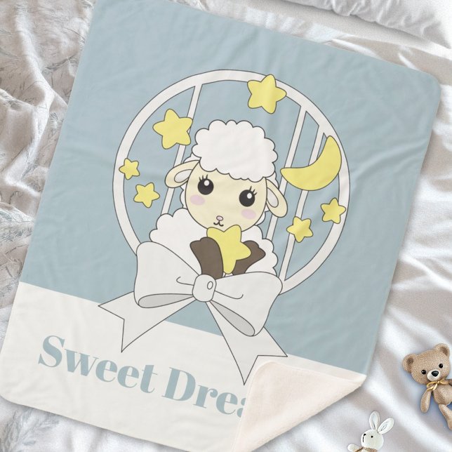 Personalized Pastel Blue Cute Little Sheep Kids Sherpa Blanket (Creator Uploaded)