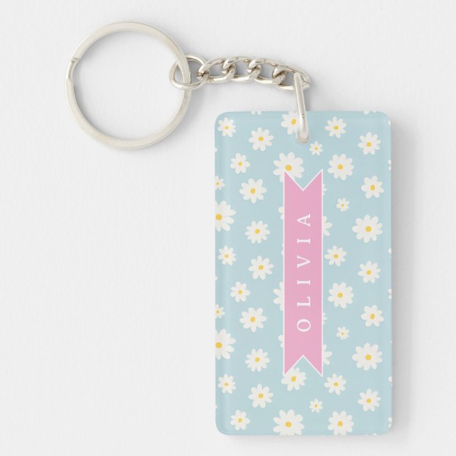 Personalized Pastel Blue Daisy Coquette Girly Cute Keychain (Front)