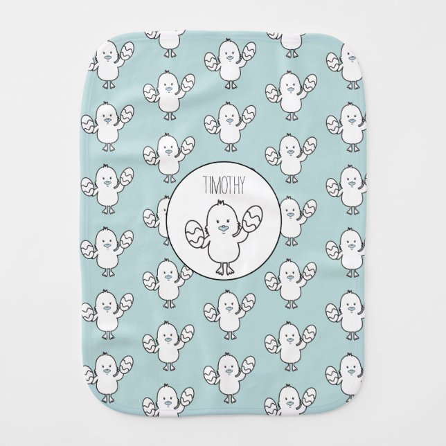 Personalized Pastel Blue Easter Chick & Eggs Boy  Baby Burp Cloth (Front)