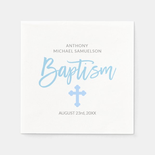 Personalized Pastel Blue White Boy Cross BAPTISM Paper Napkins (Front)