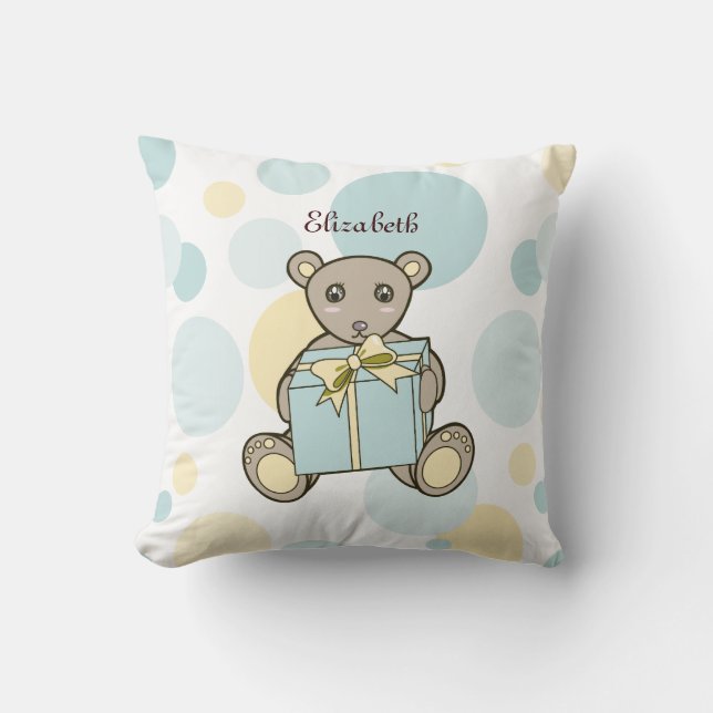 Personalized Pastel Blue Yellow Cute Teddy Bear Throw Pillow (Front)