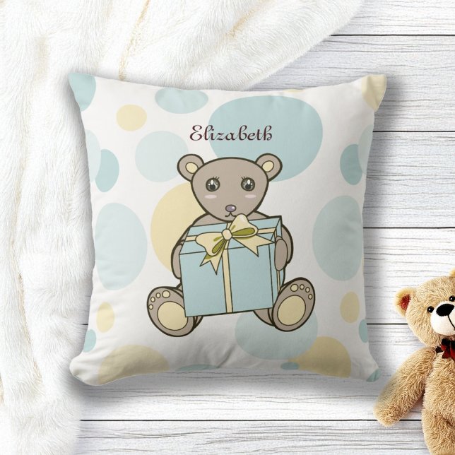 Personalized Pastel Blue Yellow Cute Teddy Bear Throw Pillow (Creator Uploaded)