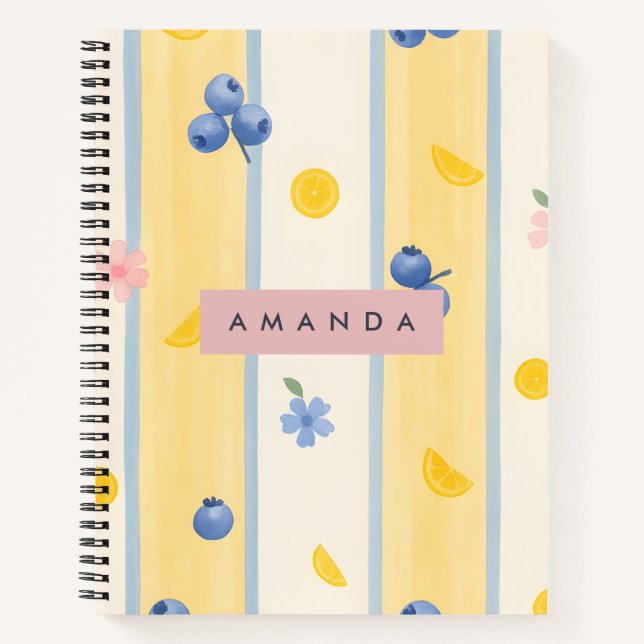 Personalized Pastel Blueberry & Lemon Pattern Notebook (Front)