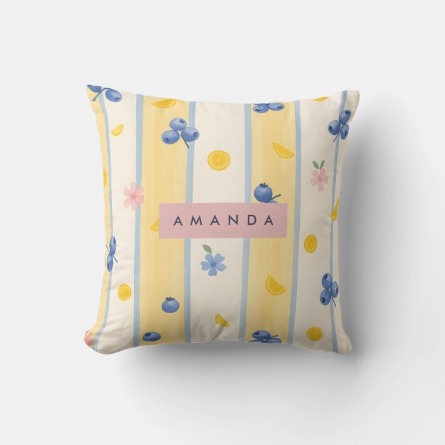 Personalized Pastel Blueberry & Lemon Pattern Throw Pillow (Front)