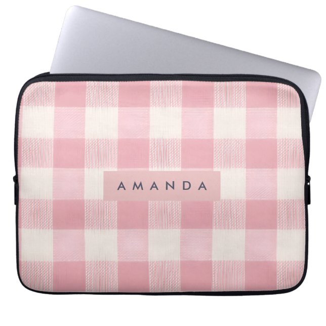 Personalized Pastel Blush Pink Gingham Laptop Sleeve (Front)