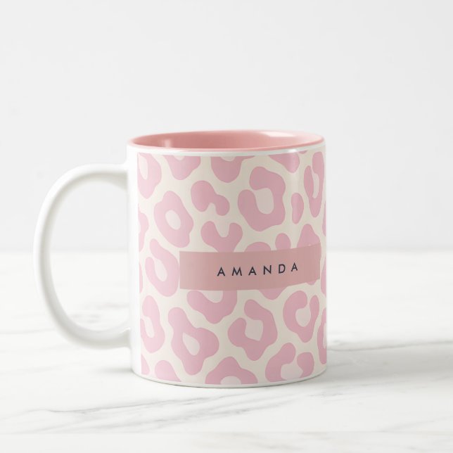 Personalized Pastel Blush Pink Leopard Print Two-Tone Coffee Mug (Left)