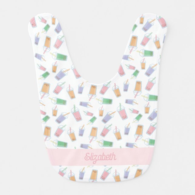 Personalized Pastel Boba Tea Cute Pattern Baby Bib (Front)