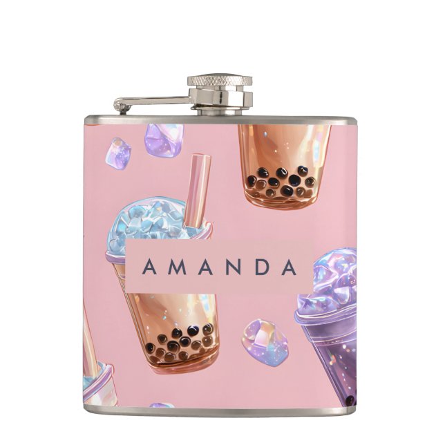 Personalized Pastel Boba Tea Dream Aesthetic Flask (Front)