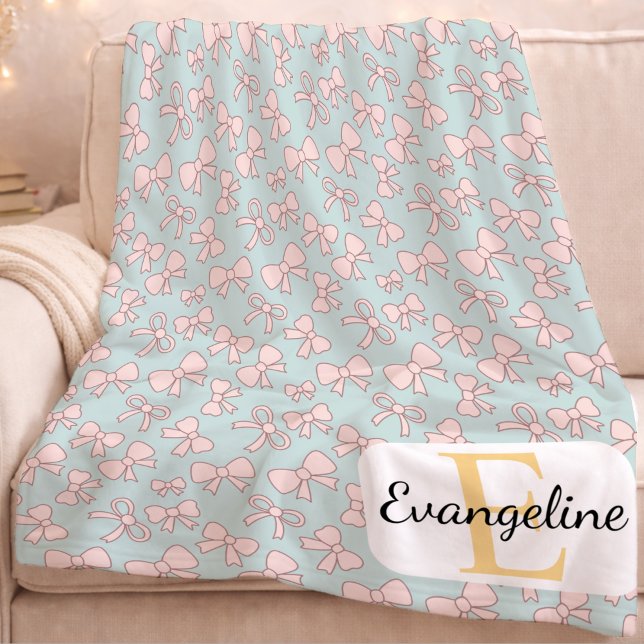 Personalized Pastel Bow Aesthetic Pattern Pink Blu Fleece Blanket (Creator Uploaded)