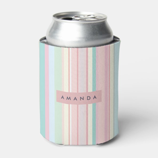 Personalized Pastel Candy Stripe Design Can Cooler (Can Front)