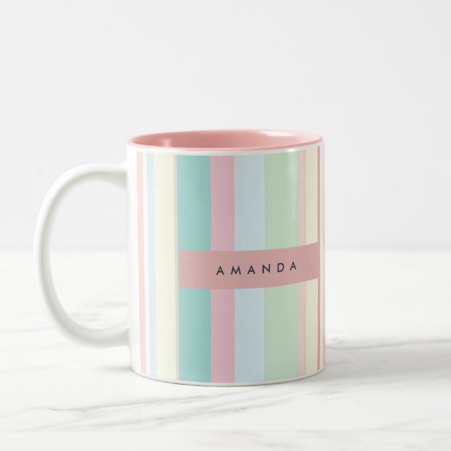 Personalized Pastel Candy Stripe Design Two-Tone Coffee Mug (Left)