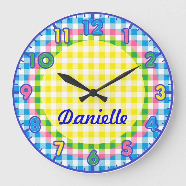 Personalized Pastel Checkered Kids Clock w/numbers (Front)