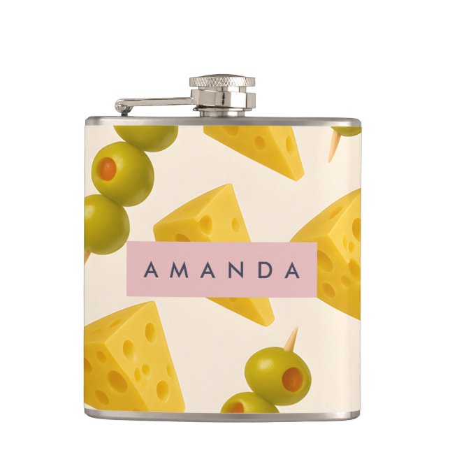 Personalized Pastel Cheese and Olive Pattern Flask (Front)