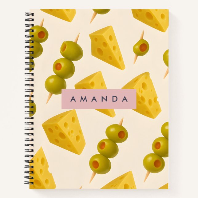 Personalized Pastel Cheese and Olive Pattern Notebook (Front)