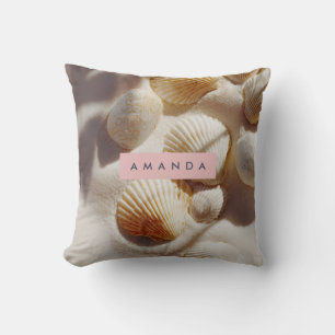 Personalized Pastel Coastal Seashells on Sand Throw Pillow