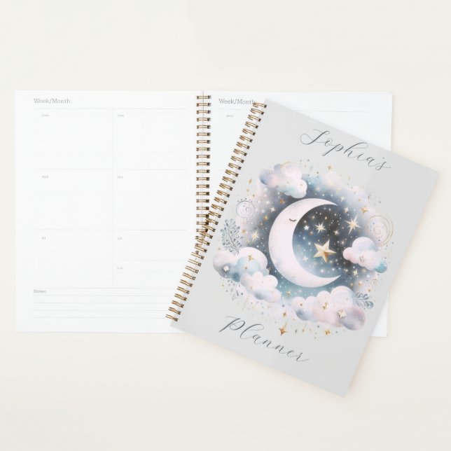 Personalized Pastel Crescent Moon Celestial Clouds Planner (Display)