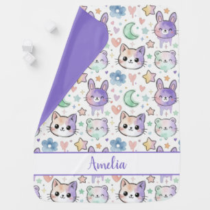 Personalized Pastel Cute Animal Kawaii Bunny Cat Baby Blanket