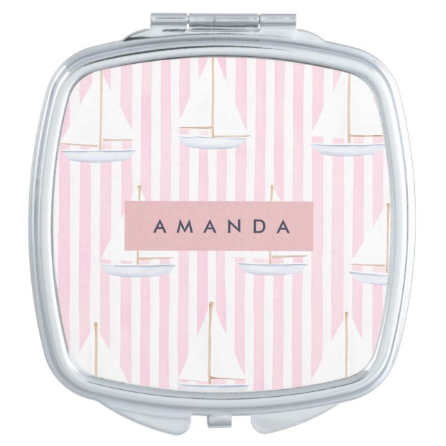 Personalized Pastel Cute Boat Pattern Compact Mirror (Front)