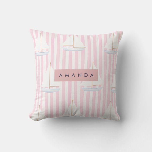 Personalized Pastel Cute Boat Pattern Throw Pillow (Front)