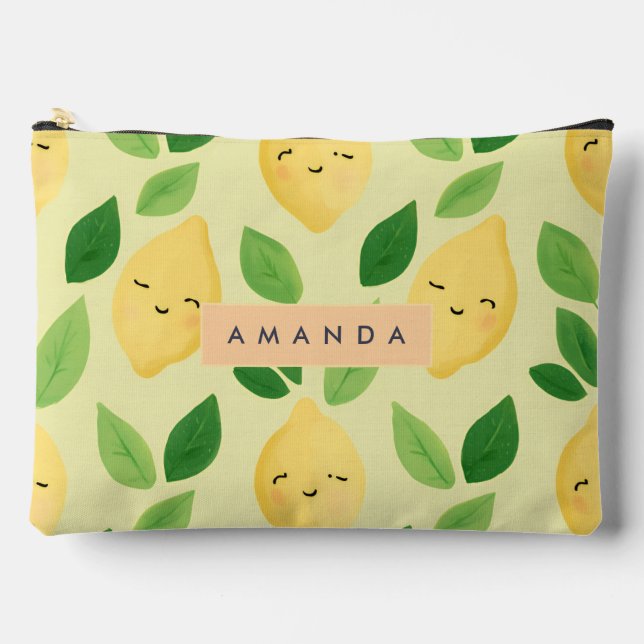 Personalized Pastel Cute Smiling Lemon Pattern  Accessory Pouch (Front)