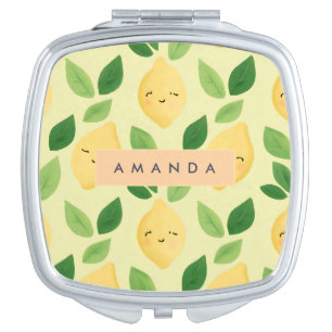 Personalized Pastel Cute Smiling Lemon Pattern Compact Mirror