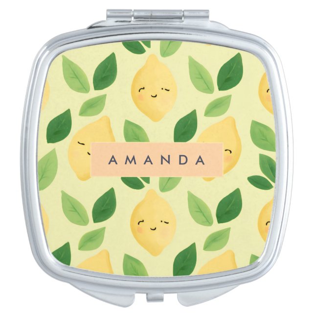 Personalized Pastel Cute Smiling Lemon Pattern  Compact Mirror (Front)