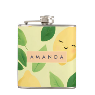 Personalized Pastel Cute Smiling Lemon Pattern  Flask