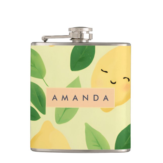 Personalized Pastel Cute Smiling Lemon Pattern  Flask (Front)