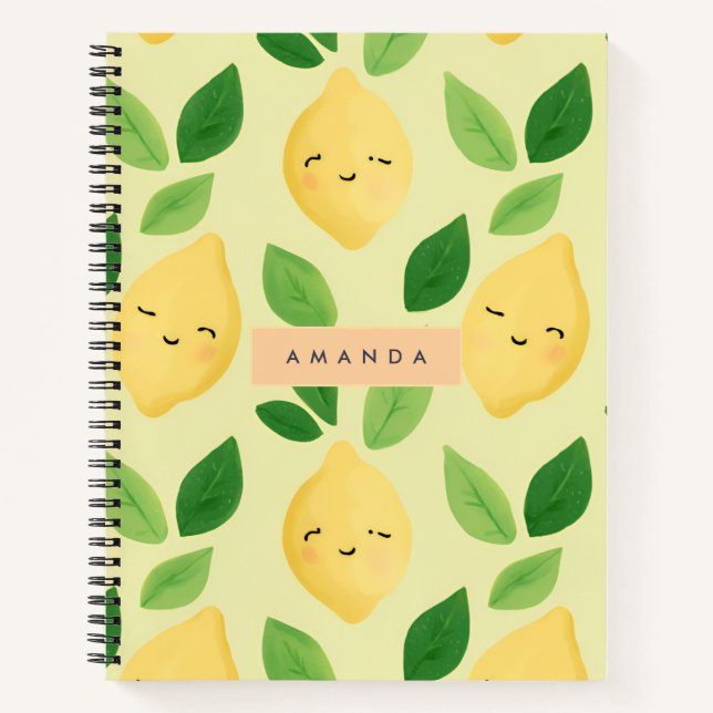 Personalized Pastel Cute Smiling Lemon Pattern  Notebook (Front)